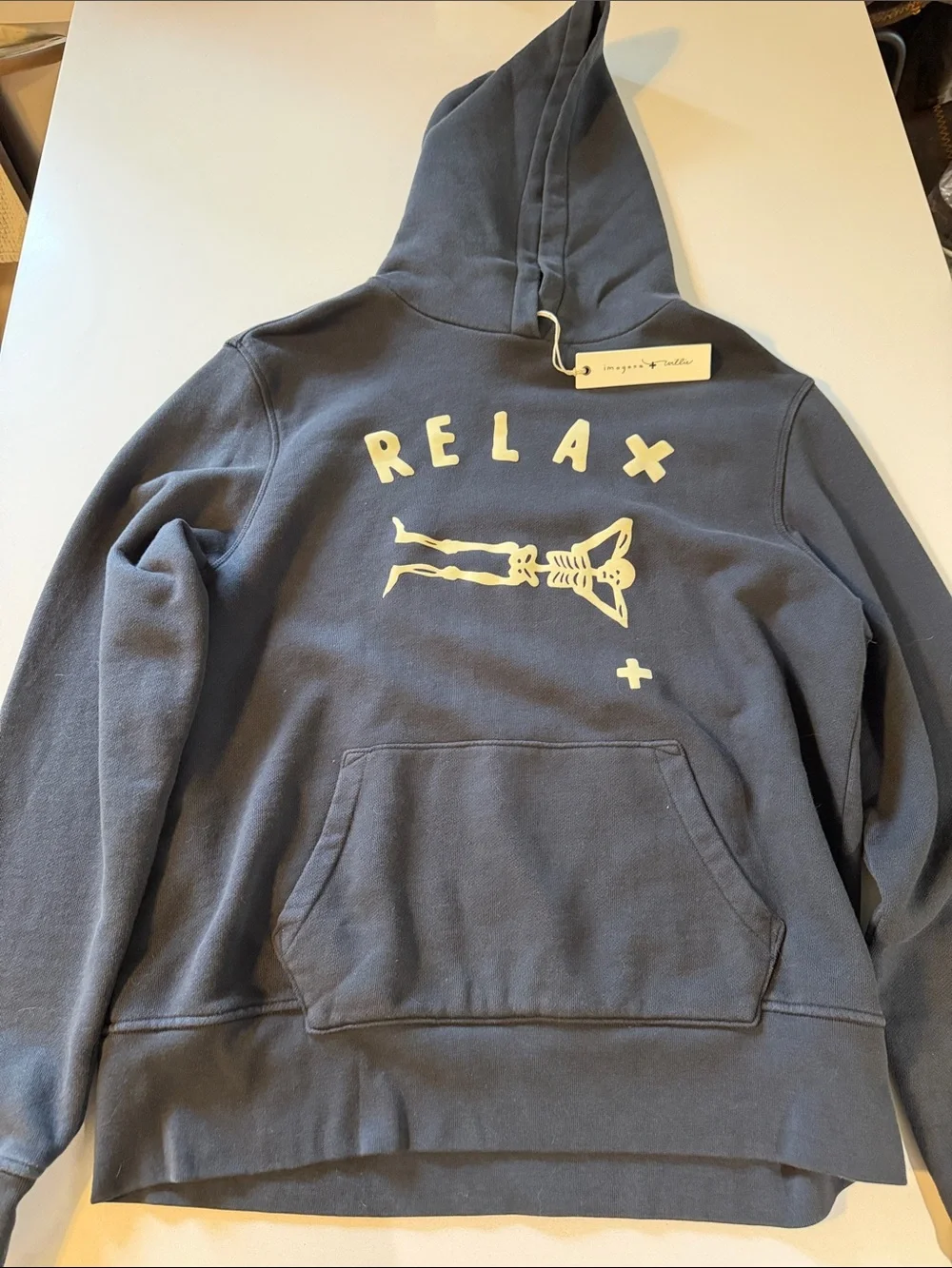 imogene + willie Deadstock Crewneck Hoodie with Cream 'RELAX' Skeleton Graphic